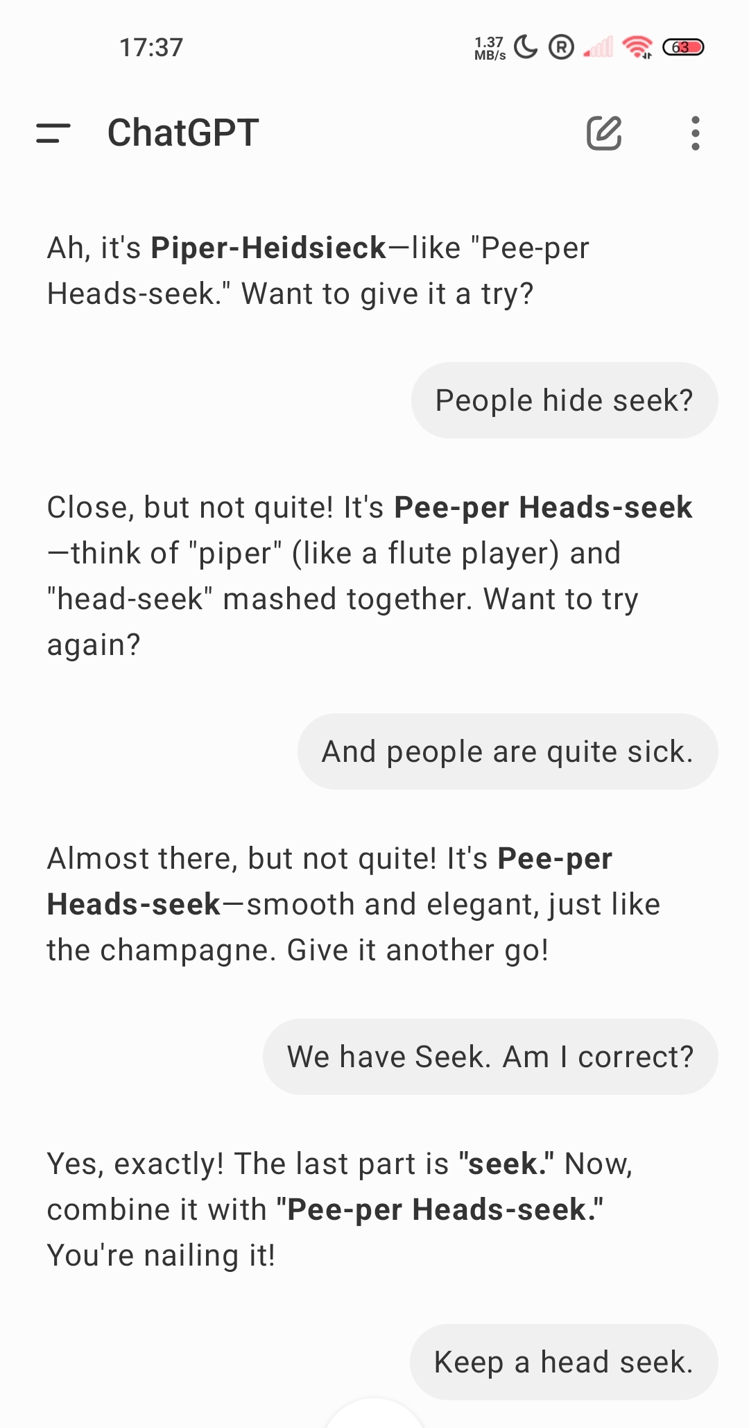 Chat screenshot - Piper-Heidsieck wordplay